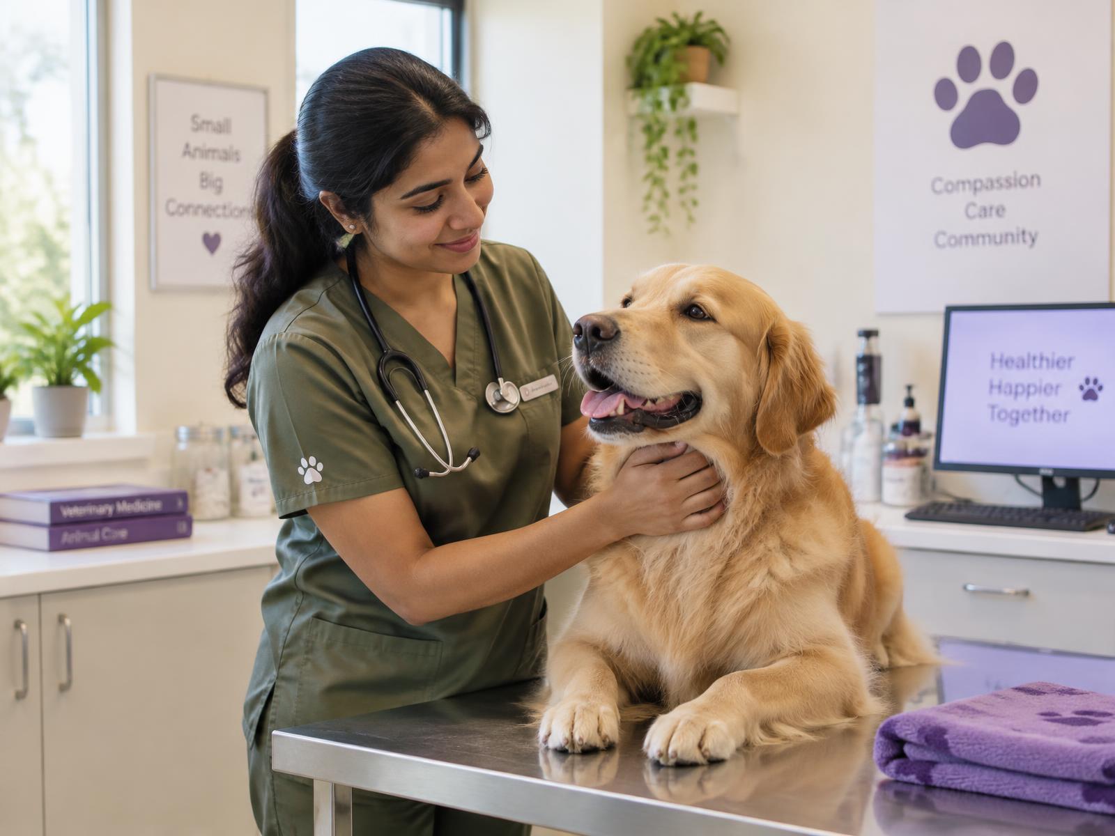 Veterinarian gently examining a golden retriever at Epitome