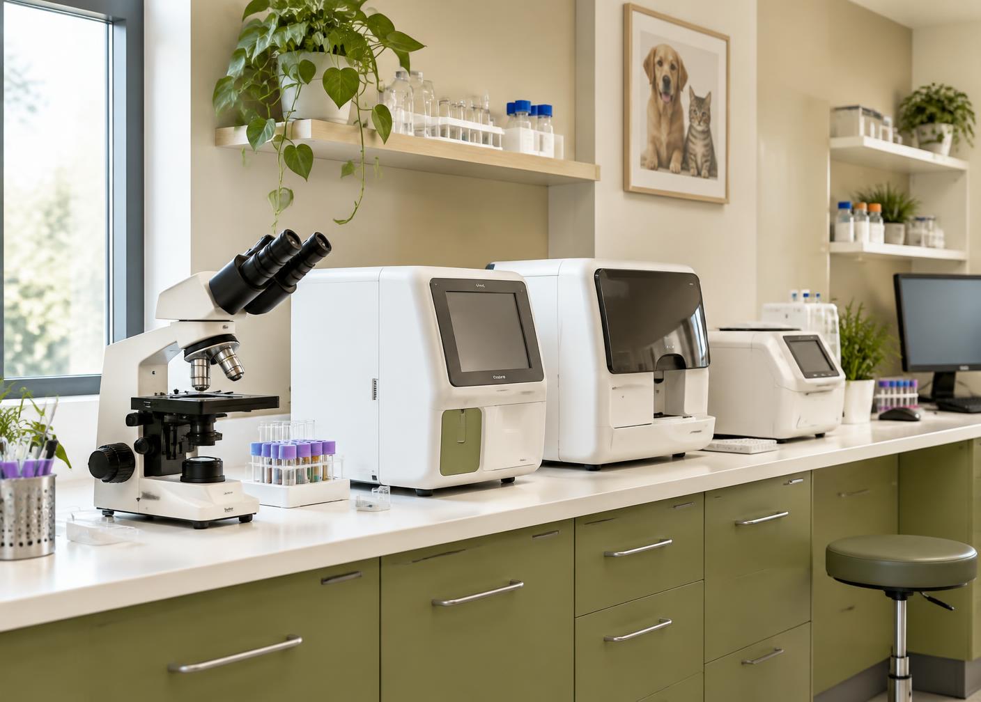 In-house diagnostic laboratory with microscope and analysers